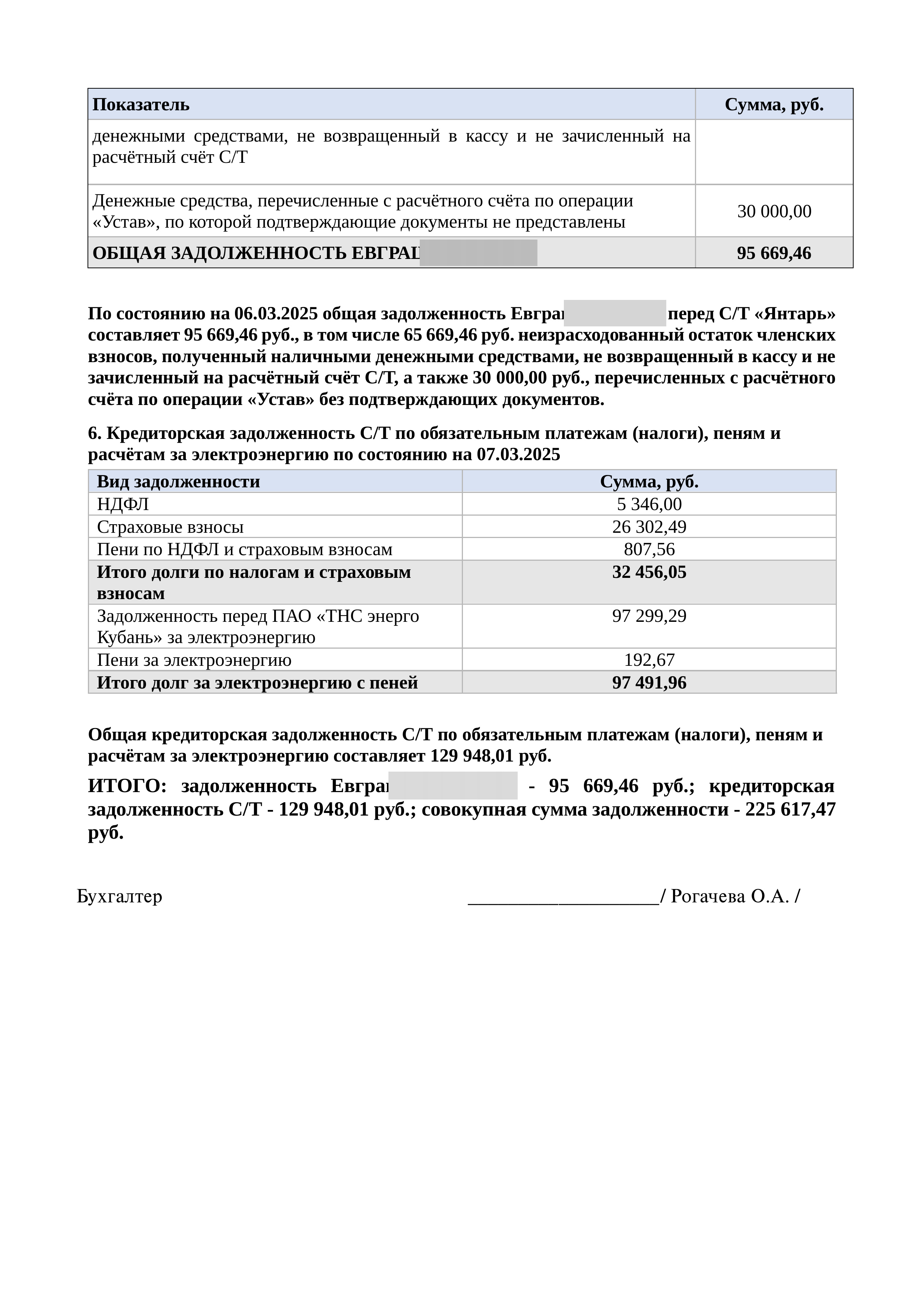 Отчёт бухгалтера за период 01.01.2025-06.03.2025, страница 3; фамилия сокращена, инициалы скрыты